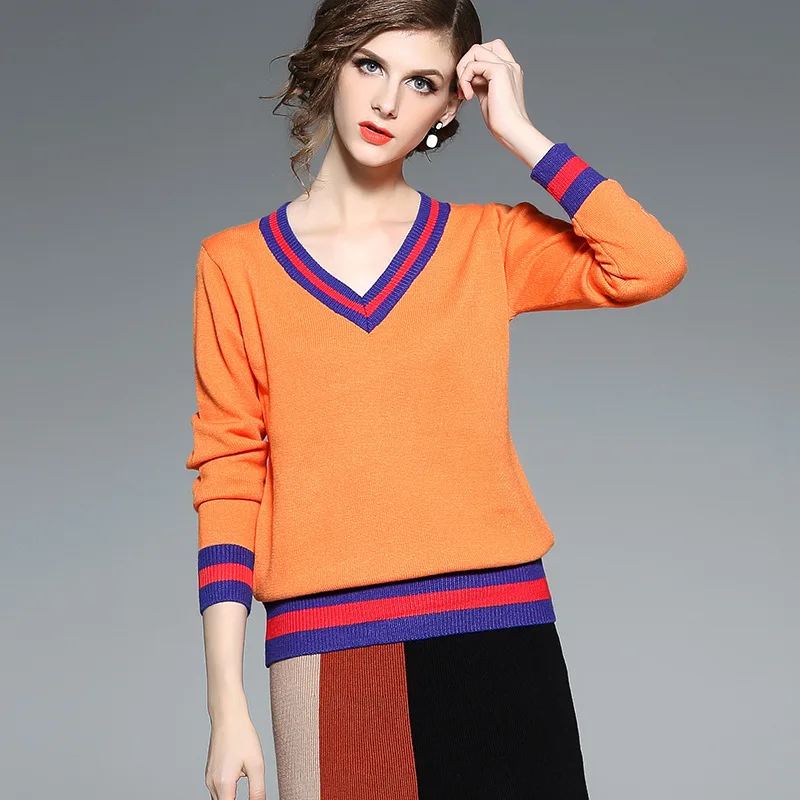 V-neck elastic knit patchwork loose pullovers sweater 2018 new women autumn basic long sleeve sweater