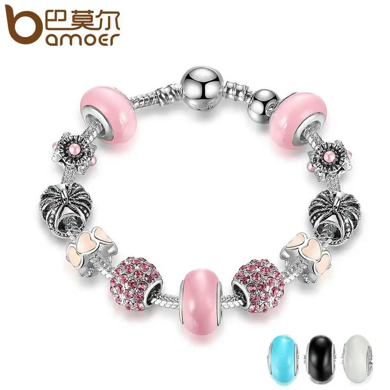 

BAMOER 3 colour High Quality Silver Color Charm Bracelet & Pink Murano Beads CZ Bracelets & Bangles Jewelry Accessories PA1901