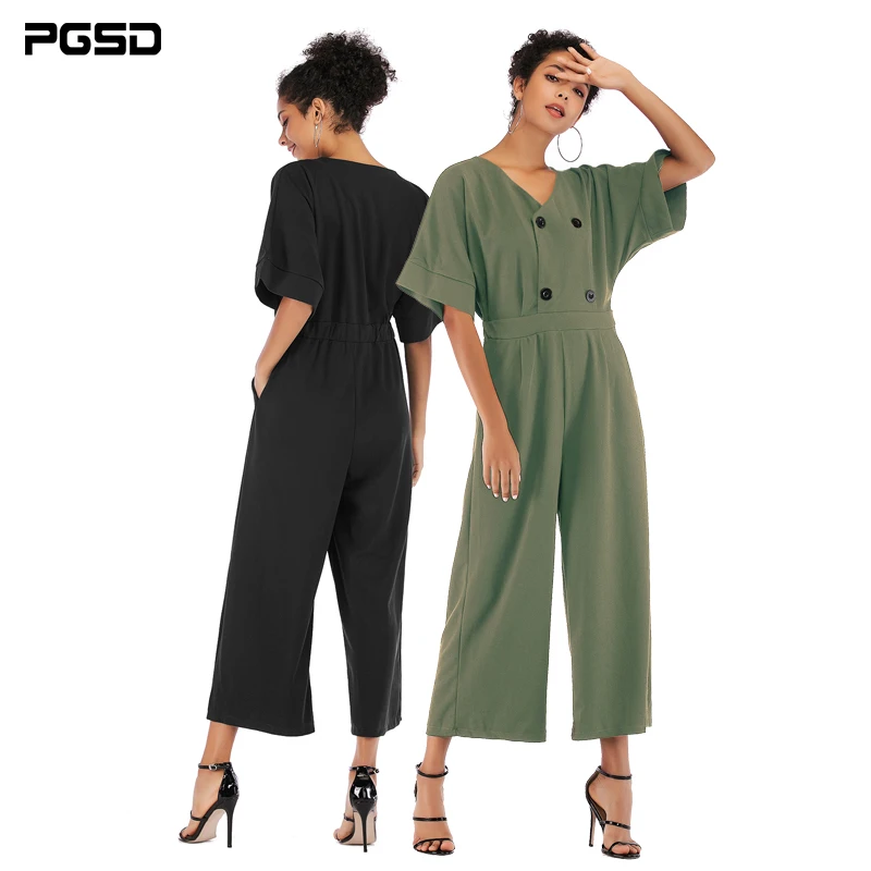 

PGSD New Spring summer Simple Fashion Women Clothes V-collar Bat Sleeve Button pocket Loose Solid color Chiffon Jumpsuits female