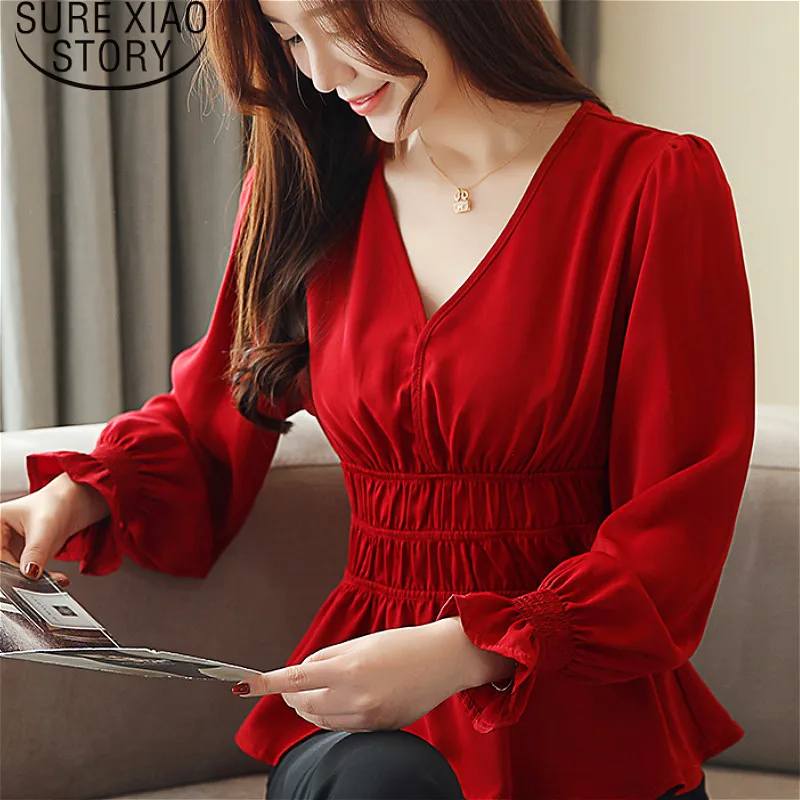

blusas mujer de moda 2019 womens tops and blouses long sleeve shirt Spliced Solid V-Neck Butterfly Sleeve chiffon blouse 2140 50