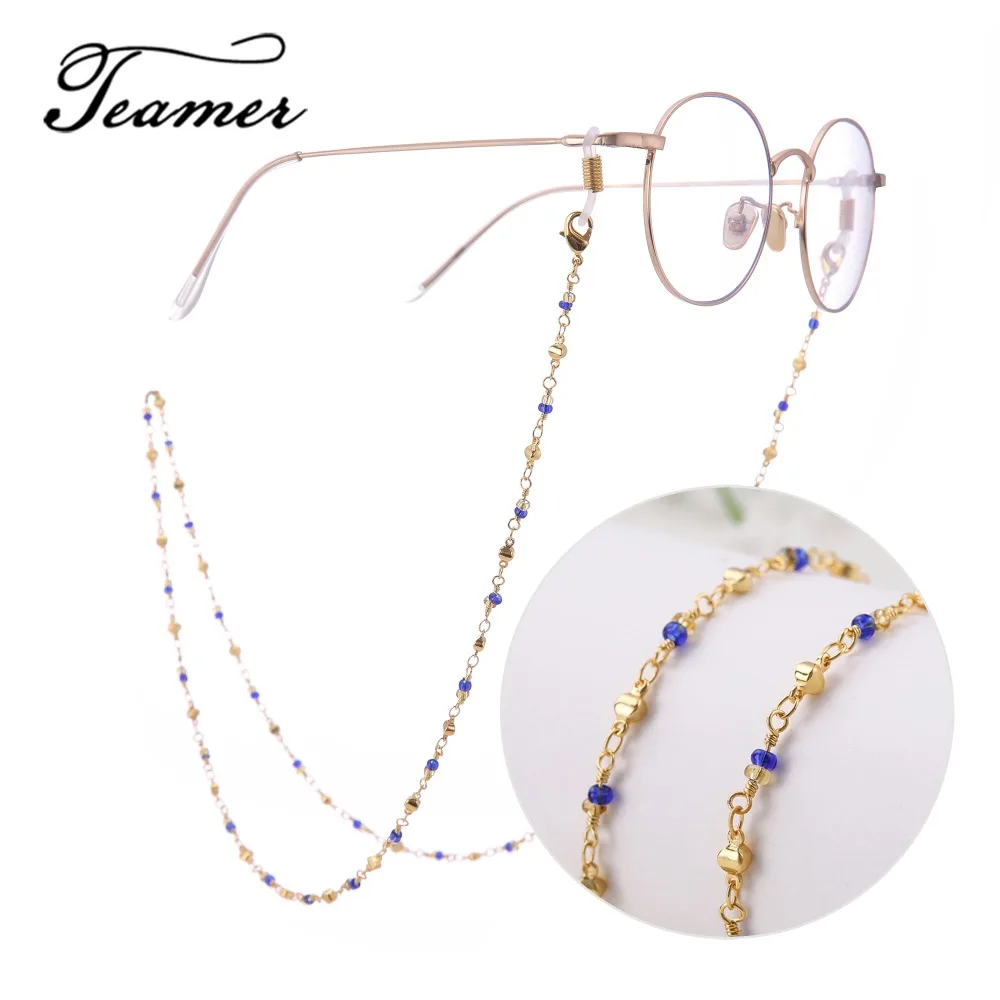 Teamer 78cm Fashion Handmade Glasses Chain Blue Stone Rose Gold Metal