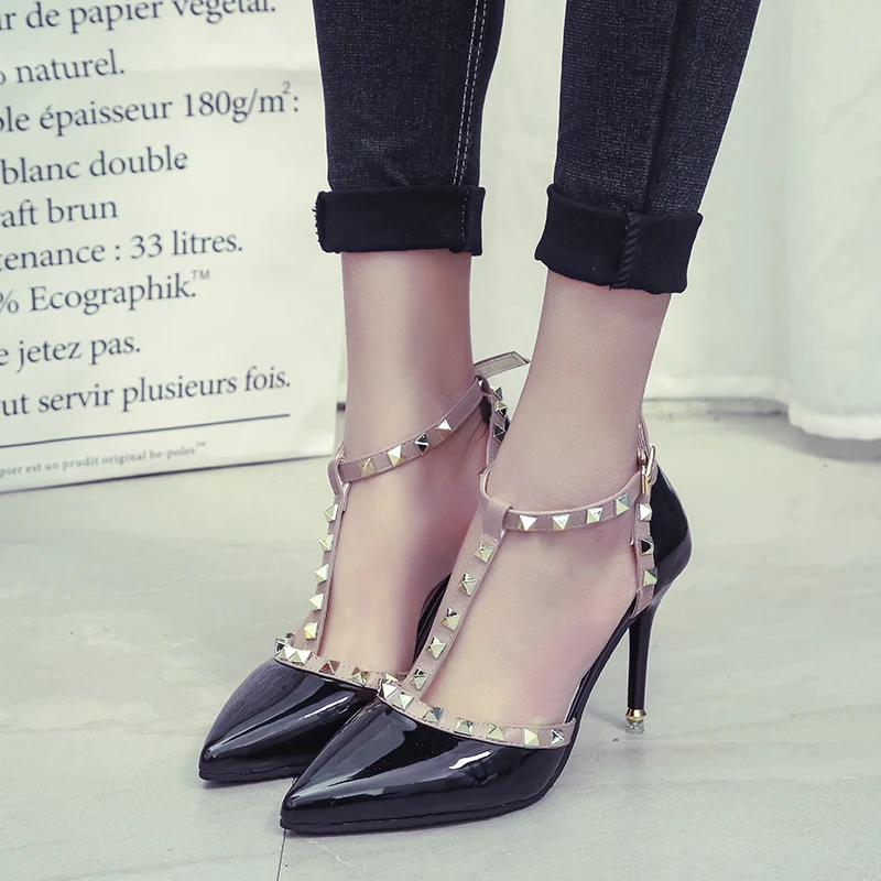 Классические женские туфли на высоком каблуке; весенние женские пикантные туфли-лодочки с острым носком; туфли-лодочки с пряжкой и заклепками; модельные туфли на каблуке; mujer;#033