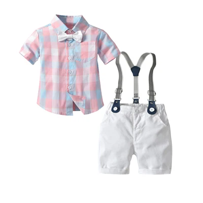 Розовая рубашка в клетку детская одежда комплект одежды для маленьких мальчиков, летний костюм для малышей шорты Детская рубашка костюм для свадебной вечеринки для детей от 1 до 4 лет - Цвет: pink