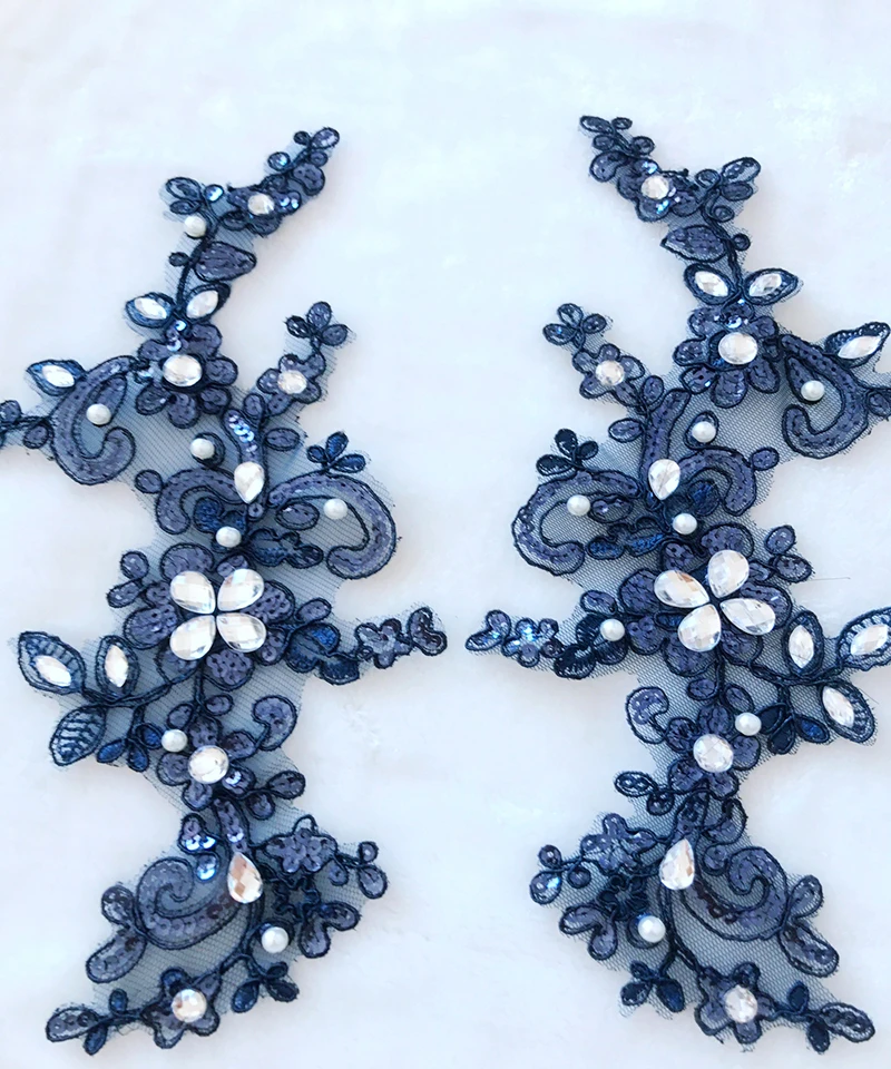 6Pieces Beaded Lace Applique Rhinestone Embroidery Flower Lace Applique