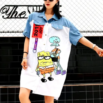 

Women Street Blouse Shirt Beaded Summer Long Denim Spliced Blusas Feminina Casual Cartoon Print Tops Oversize Long Shirts NS722