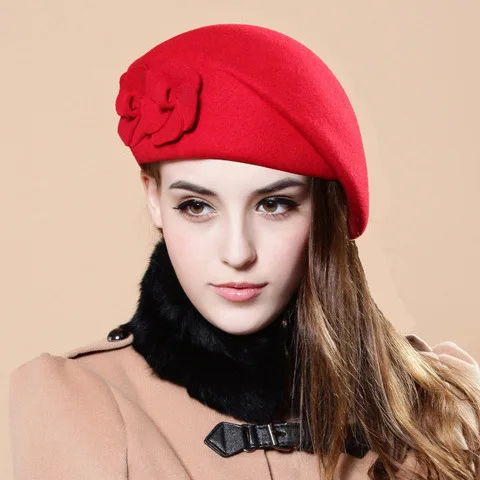 YIFEI цветок Французский Трилби шерсть мягкая стюардесса шляпа gorras planas Новая мода женский берет шапка для женщин бини женская шапка - Цвет: Красный