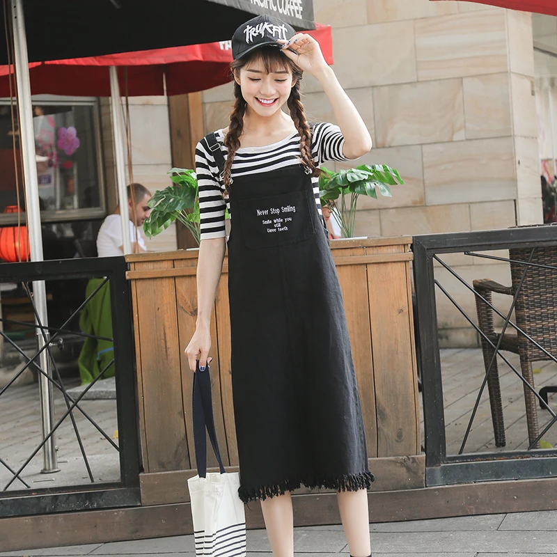 

Women Long dress Letter Embroidery Straps Dresses Black 6677