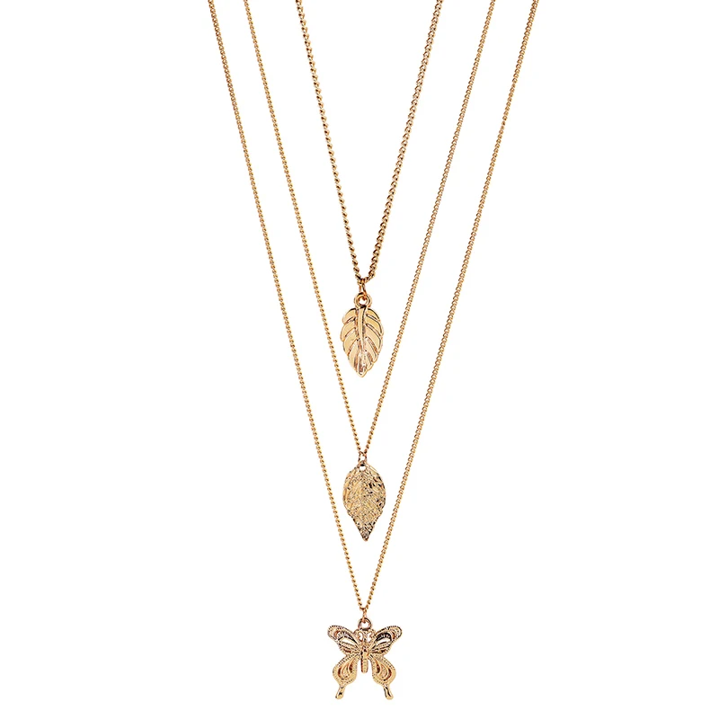 

WENCHAO Multiple Layers Statement Necklace for Women Fashion Gold Silver Leaf Butterfly Pendant Necklaces Ladies Jewelry Gift