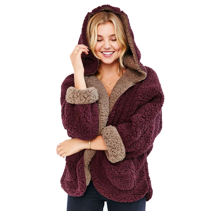 

Cute Two Wearing Fleece Long Bat Sleeved Warm Cotton Lamb Coat preppy Style Soft Leisure Jacket White Black Wine Red FS0453