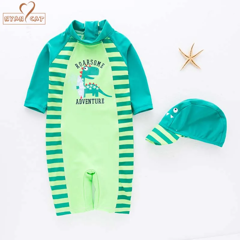 baby boy swimwear+hat 2pcs set surfing Wear green dinosaur swimming