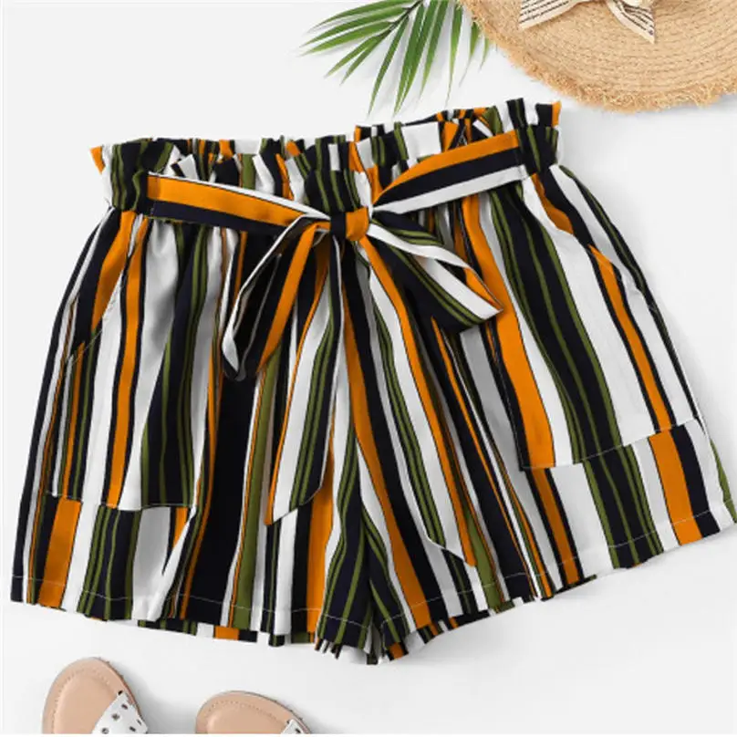 

Plus Size Boknot Bandage Shorts Drawstring High Waist Striped Printed Casual Summer Fashion Womens Shorts spodenki damskie #15