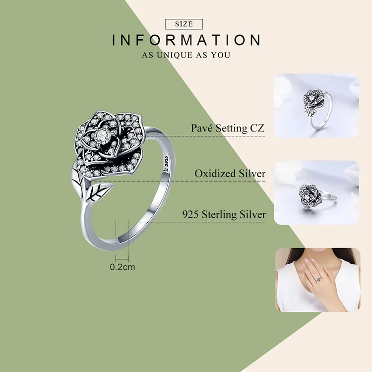 Women 925 Sterling Silver Rose Flower Dazzling CZ Tree Leaf Finger Rings for Wedding Engagement Jewelry Gift SCR382 Sadoun.com