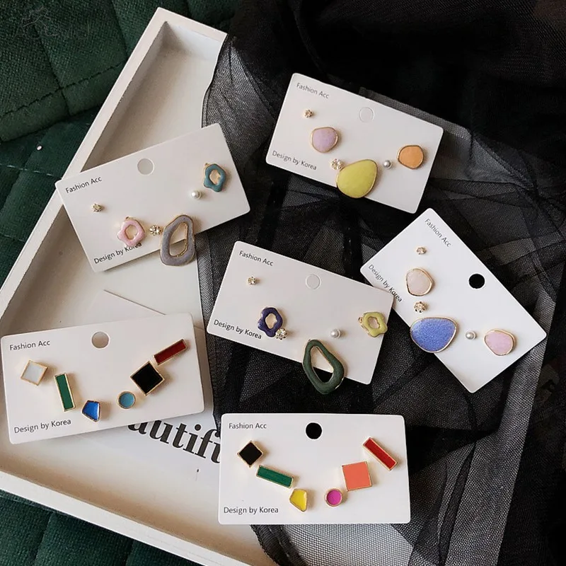 

AOMU Fashion Simple Enamel Color Geometric Irregular Rectangle Square Circle Round Stud Earrings Set for Women Girl Gift Jewelry
