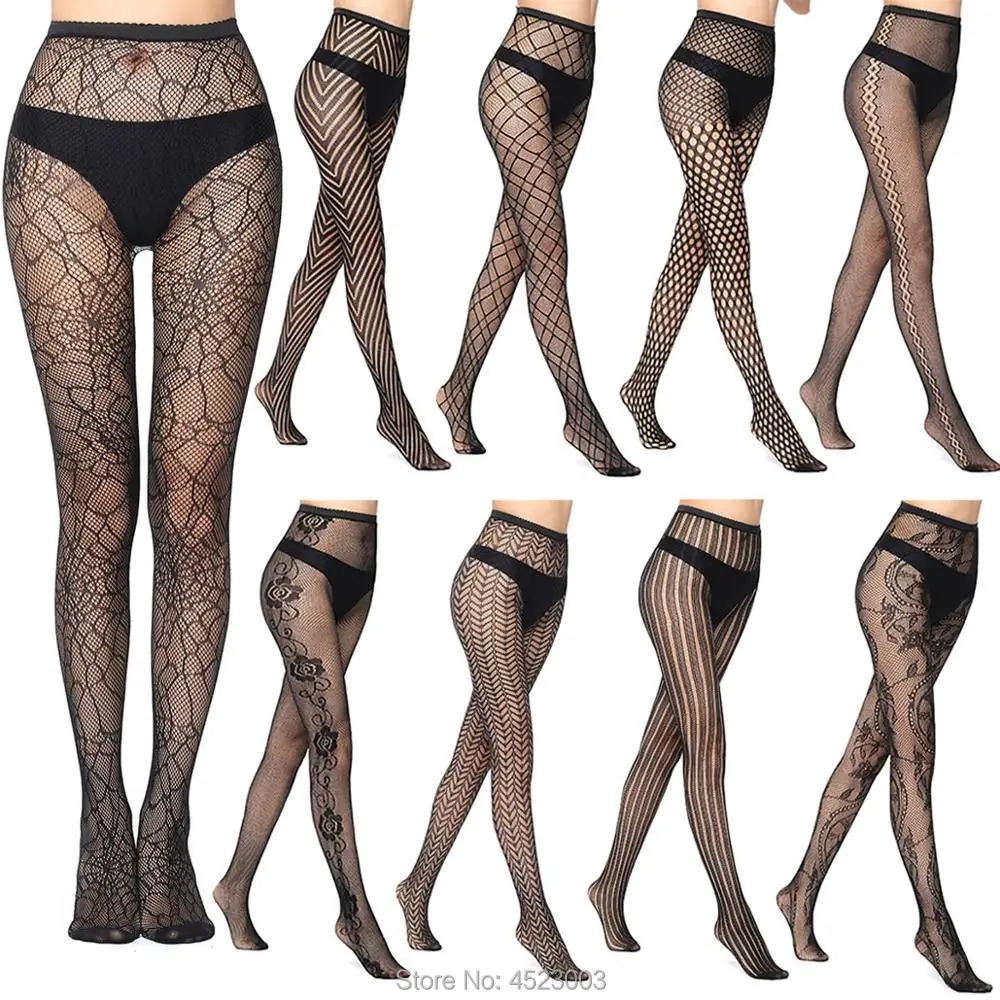 

Elastic Women Stripe Stockings Hollow Black Fishnet Stocking Thigh Sheer Tights Embroidery Pantyhose