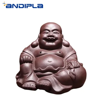 

Chinese Boutique Auspicious Maitreya Buddha Figurine Crafts Yixing Purple Clay Lucky Laughing Buddha Monk Tea Pet Home Car Decor