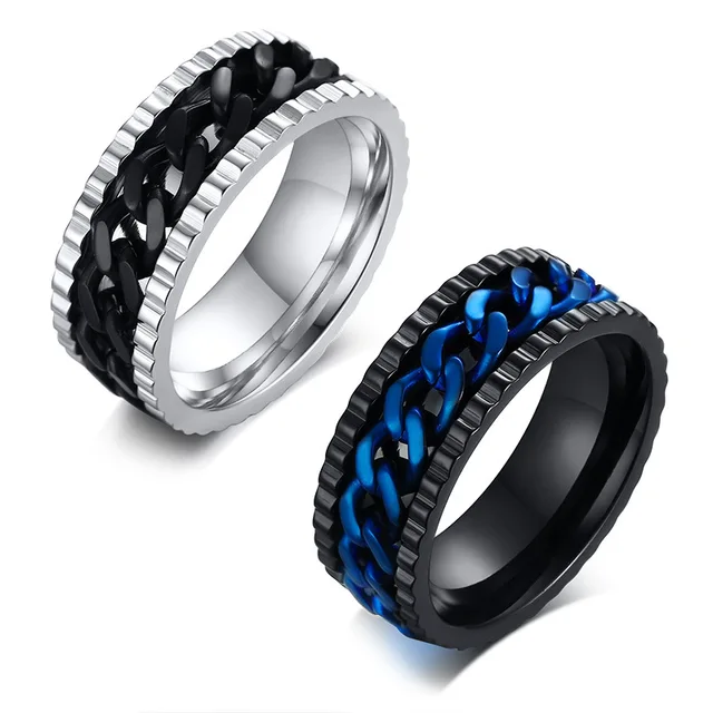 8MM Stainless Steel Men Rings Rotary Chain Ring Blue Black Men's Gear Ring Fashion Jewelry Drop