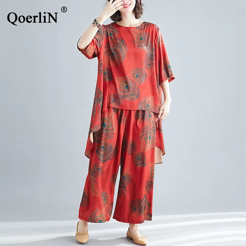 

QoerliN Big Size Casual Pants Sets Two Piece Women's Set Slim 2 Piece Printed Tops+Pants Suit Long Trouser Summer New Arrivals