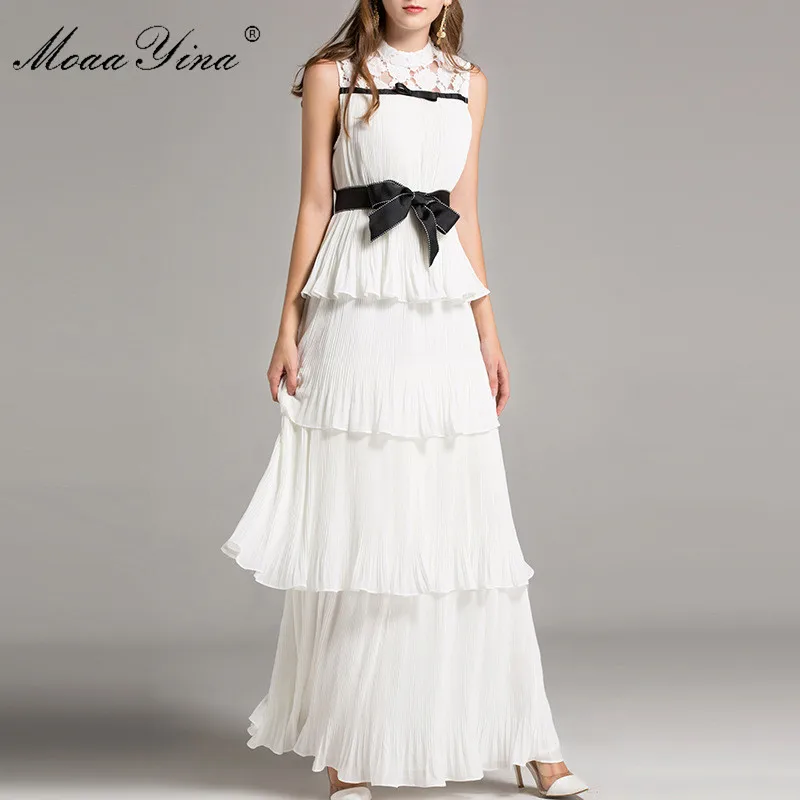 

MoaaYina Designer Runway Solid color Dress Summer Women Sleeveless Hollow Out Bowknot Cascading Ruffle Ball Gown Sexy Cake Dress