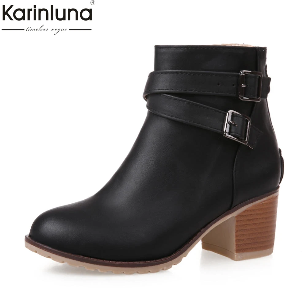 

Karinluna New Arrivals Large Size 34-43 Dropship Chunky Heels Buckle Decoration Shoes Woman Boots Zip Up Add Fur Ankle Boots