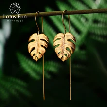 Lotus Fun Real 925 Sterling Silver Creative Handmade Design Fine Jewelry 18K Gold Monstera Leaves Drop Earrings for Women Bijoux lotus fun moment real 925 sterling silver natural blue stone fashion jewelry cute hollow out honeybee dangle earrings for women