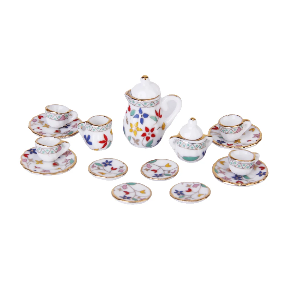 15 Pieces Dollhouse Miniature Porcelain Tea Set for 1/12 Doll House Accessories Flowers Printed Mini Dining Ware 