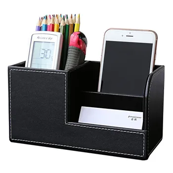 

PU Leather Desk Stationery Box Organizer, Office Desktop Organizer with 3 Divided Storage Compartments for Storing Pen/ Remote