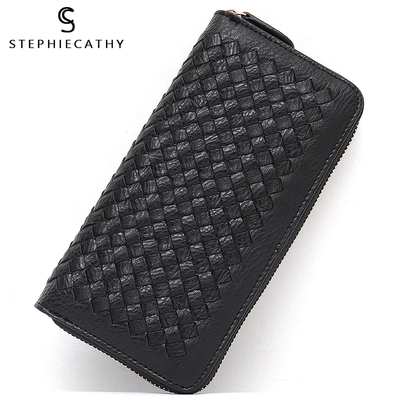 

SC Women Wallets Female Handmade Woven Long Clutch Ladies Brand Girls Coin Purse New Fashion PU Leather Multi Pocket Card Holder