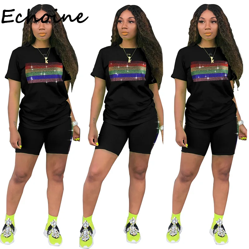 

Echoine Fashion Sheer Diamond Two Piece Set O-neck Shirt + Short Pants Sportwear Club Outfits For Women 2 Color