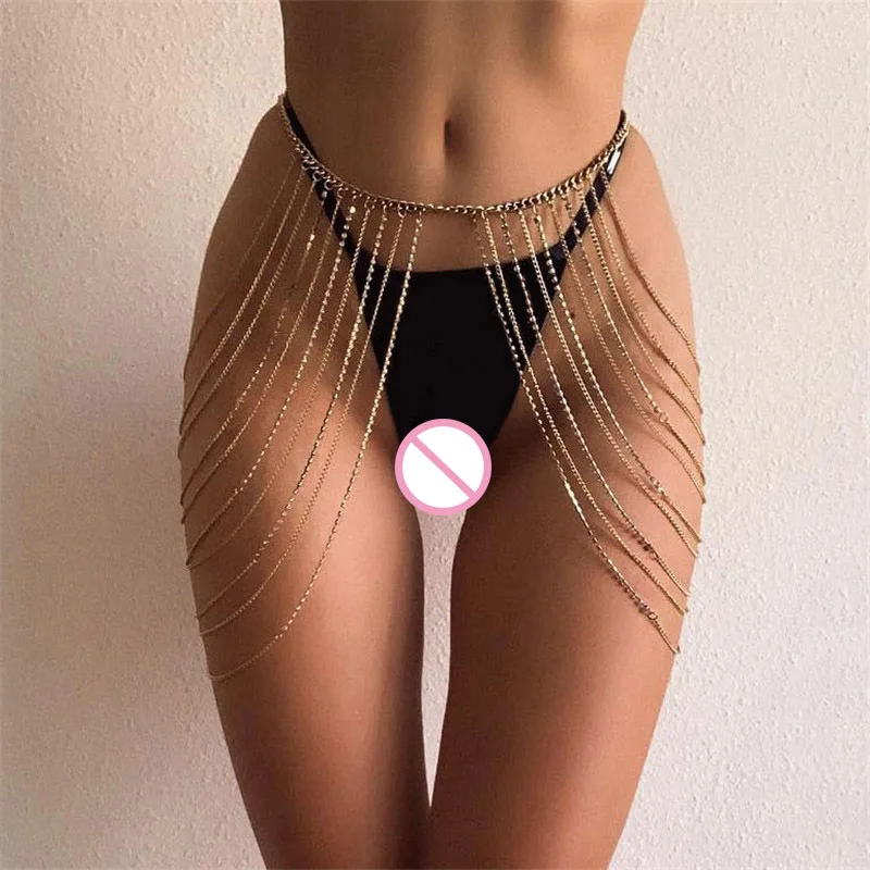 

Gold Silver Rhinestones Multi Layers Body Chain Belly Chains Women Leg Thigh Harness Chain Summer Beach Long Tassel Body Jewelry