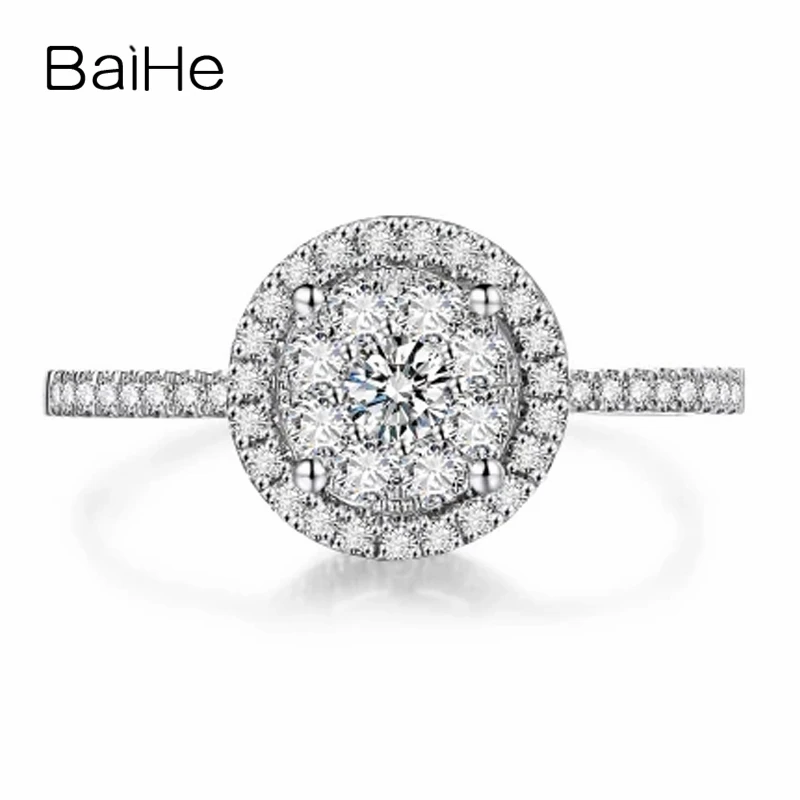 BAIHE Solid 18K White Gold(AU750) 0.45ct H/SI Round Cut 100% Genuine Natural Diamond Engagement Trendy Fine Jewelry Gift Ring Fine Jewelry
