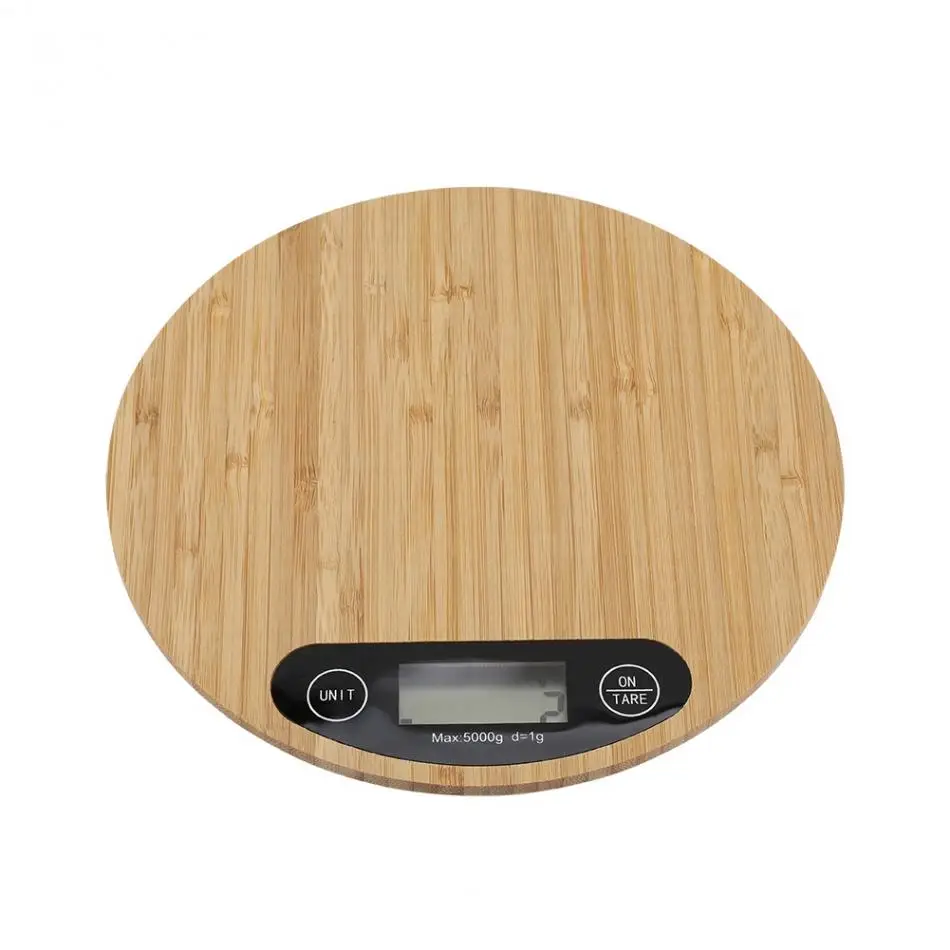 Круглый светодиодный бамбуковый дисплей, цифровые кухонные весы, электрические кухонные весы для приготовления пищи, 5 кг/1 г