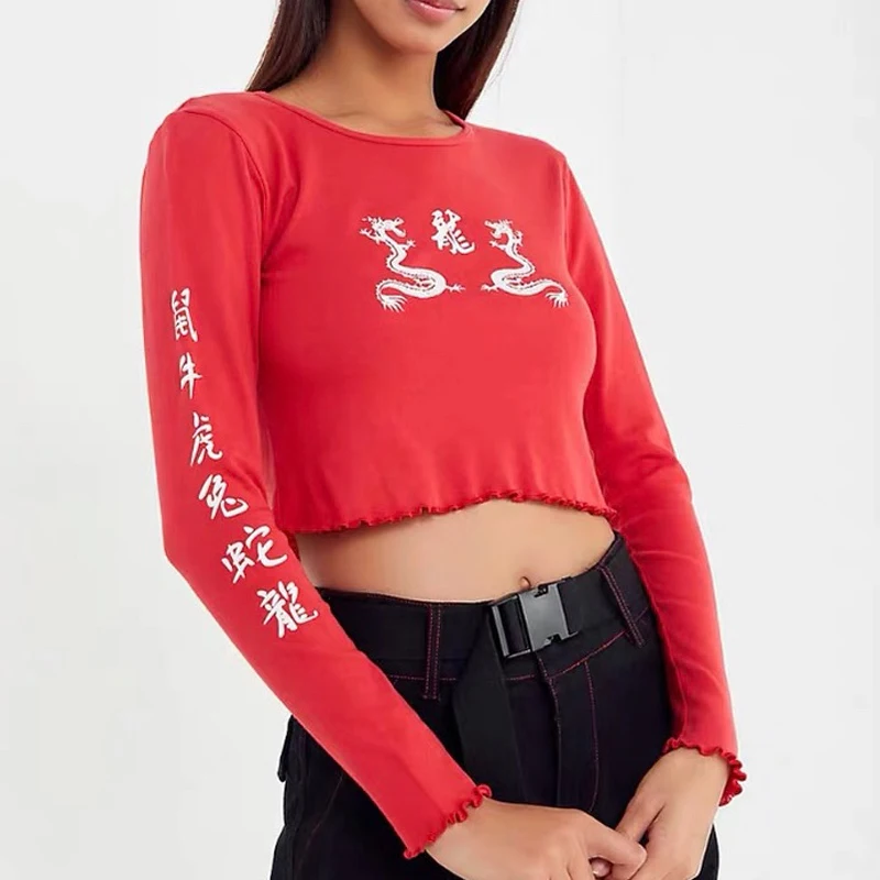 

Women Causal O-neck Long Sleece Twelve Chinese Zodiac Signs Letters Top T-shirt Spring Loose Front Dragon Printed Crop Top Tee