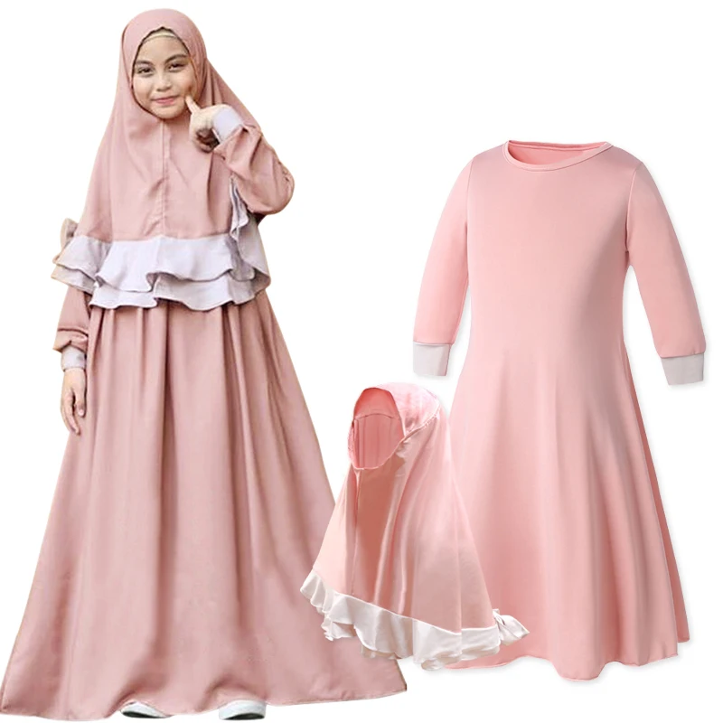 Two Sets Traditional Flowers Kids Clothing Fashion Child Abaya Muslim Girl Dress Jilbab and Abaya Islamic Children Hijab Dresses