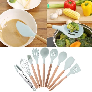 

Behogar 9pcs Nonstick Silicone Kitchen Cooking Utensils Set with Wooden Handles Include Tongs Spatula Turner Ladle