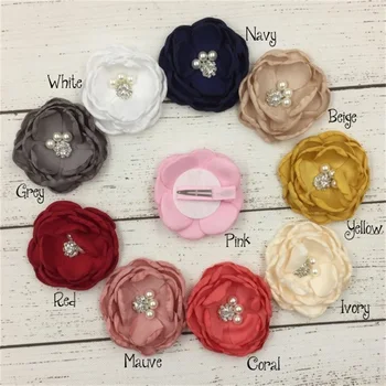 

20PCS Barrettes Poppy Flower Baby Hair Clips Handmade Satin Flower Matching Pearls and Rhinestone Girls Hair Pins Kidocheese