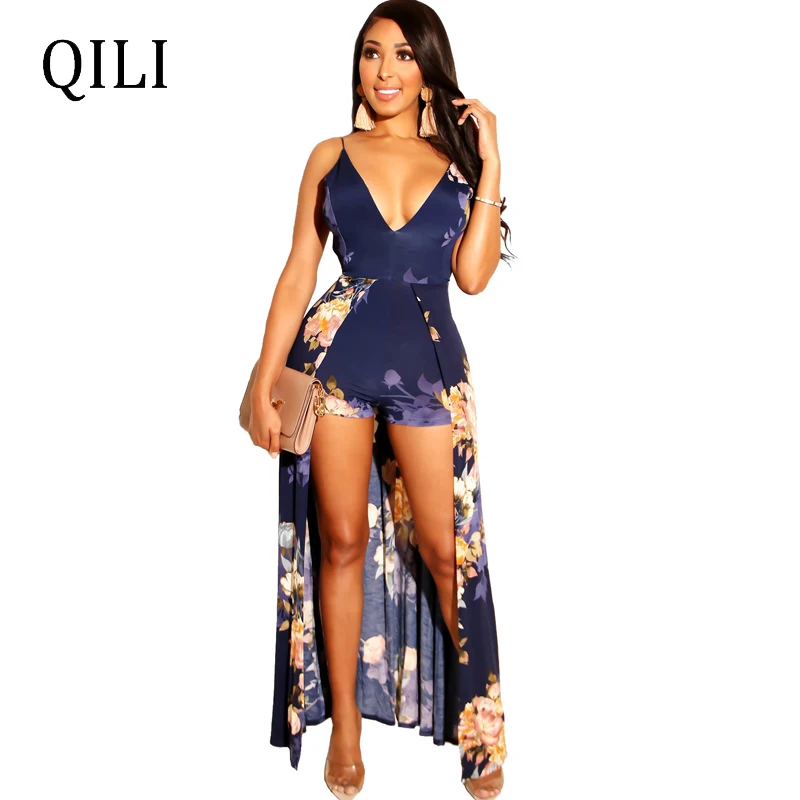 

QILI Women Fake Two Piece Jumpsuits Casual Rompers Spaghetti Strap Sleeveless Floral Print Split Rompers Womens Beach Playsuits