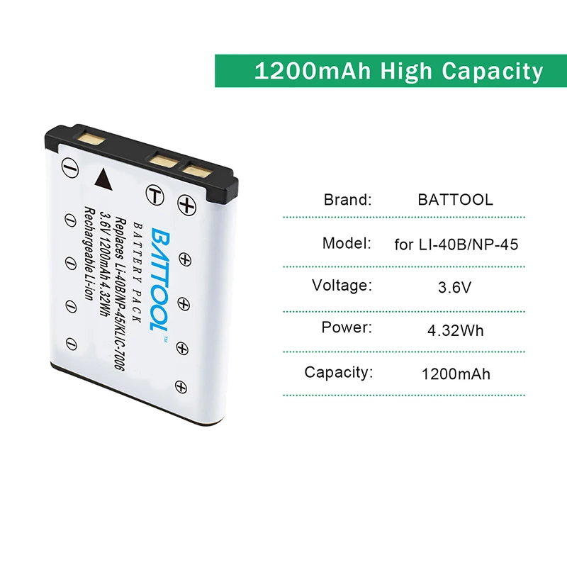 BATTOOL 2 шт 1200mAh Li-40B Li 40B Li-on Аккумулятор для Olympus/FUJIFILM Li-42B/Nikon EN-EL10/Fuji NP-45 JX355 JX370 EN EL10