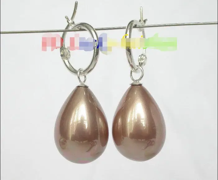 

Free shipping hot sale Women Bridal Wedding Jewelry >>Dangle 15*13mm drip light coffee sea shell pearls earring 925 silver Loop
