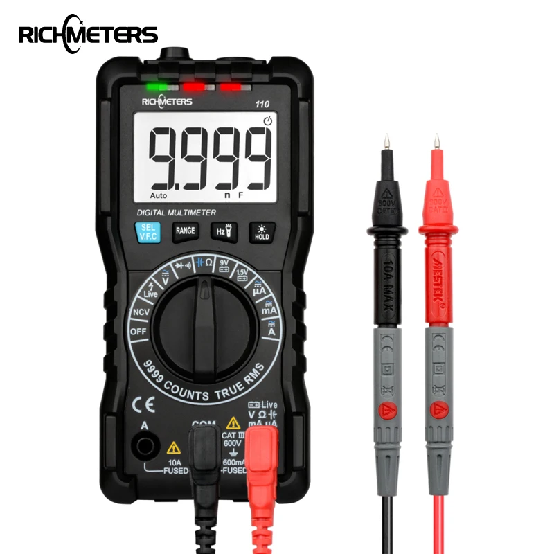 

RICHMETERS 110 Digital Multimeter TRUE-RMS 9999 Counts NCV Backlight AC DC Voltage Current Resistance Battery Tester