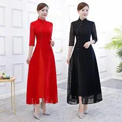 2018 Ао Дай Длинные Cheongsam моды китайский стиль платье весенние женские кружева от Qipao тонкий Платья для вечеринок Леди Кнопка Vestido S-3XL