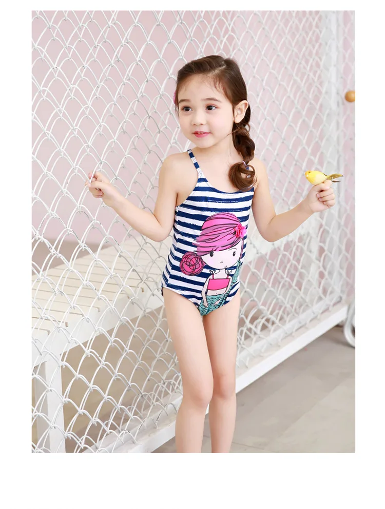Цельный купальник для маленьких девочек; купальный костюм в синюю полоску; детская модель купальника; одежда для плавания с рисунком для маленьких девочек; пляжная одежда