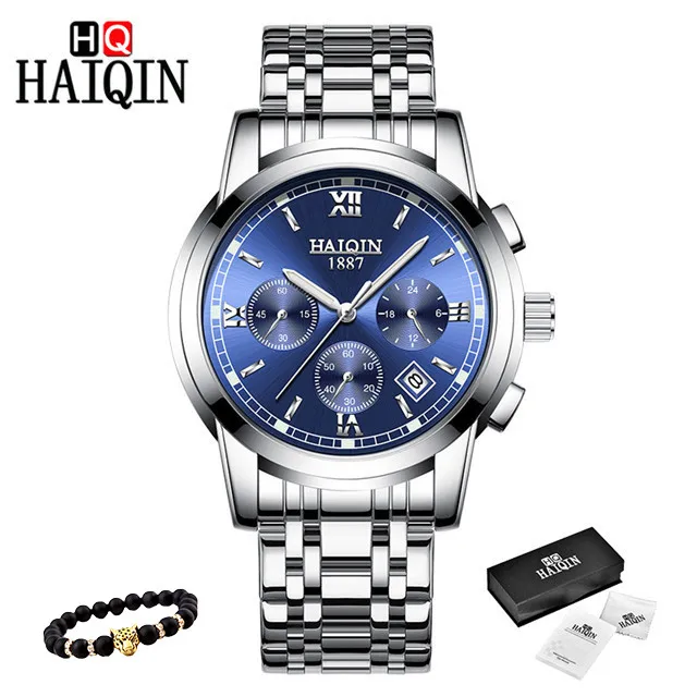 HAIQIN, мужские часы, новые военные Роскошные брендовые часы, мужские кварцевые часы из нержавеющей стали, мужские модные часы с хронографом, Relogio Masculino - Цвет: S-silver blue
