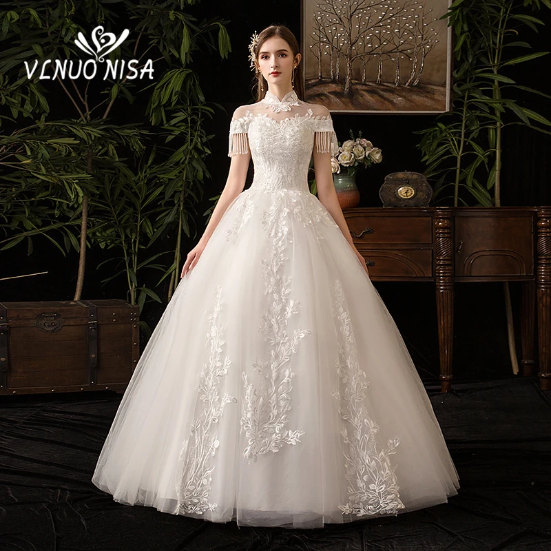 

Vestido De Noiva 2019 White Embroidery Lace Wedding Dress Beading Tassel Appliques Robe De Mariee Plus Size Bridal Ball Gown 30