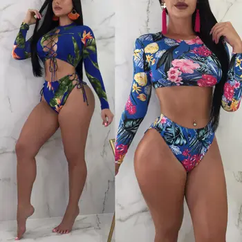 

Sexy Womens Floral Bandage Bikini Set Summer Ladies Long Sleeve Crop Tops High Waist Swimwear Swimsuit Bathing Suit Beachwear