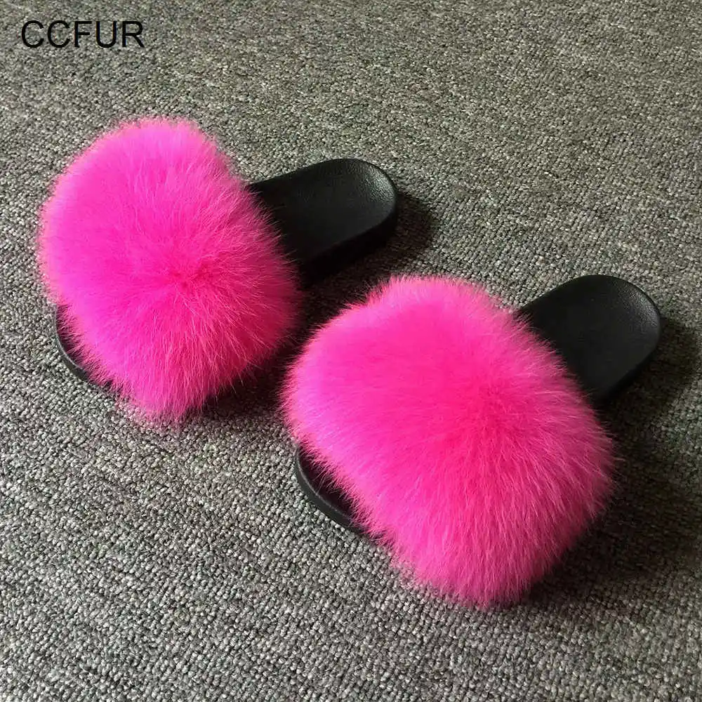 25 цветов лисий мех шлепанцы для волос пушистый натуральный мех ползунки пушистые летние пляжные сандалии обувь для женщин домашняя уличная S6018S - Цвет: Hot Pink
