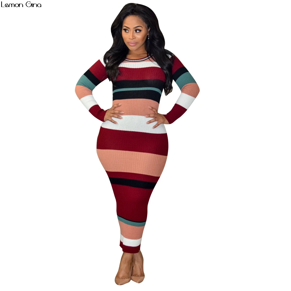 

autumn winter 2018 new women Colorful Stripes sexy long sleeve Knitted maxi midi dress bodycon bandage long dresses A7530L