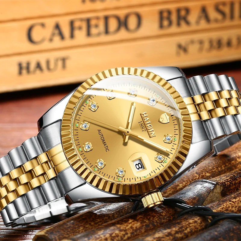 HAIQIN New Automatic Mechanical Watch Waterproof Genuine Stainless Steel Watch Men Luminous Dial Wristwatch Mens Calendar Clock