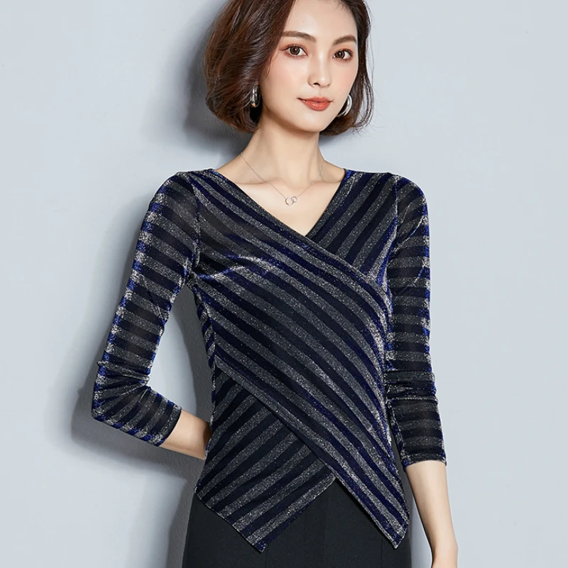 Fashion Long Sleeve Lace Blouses 2021 Long Sleeve Striped Women Tops