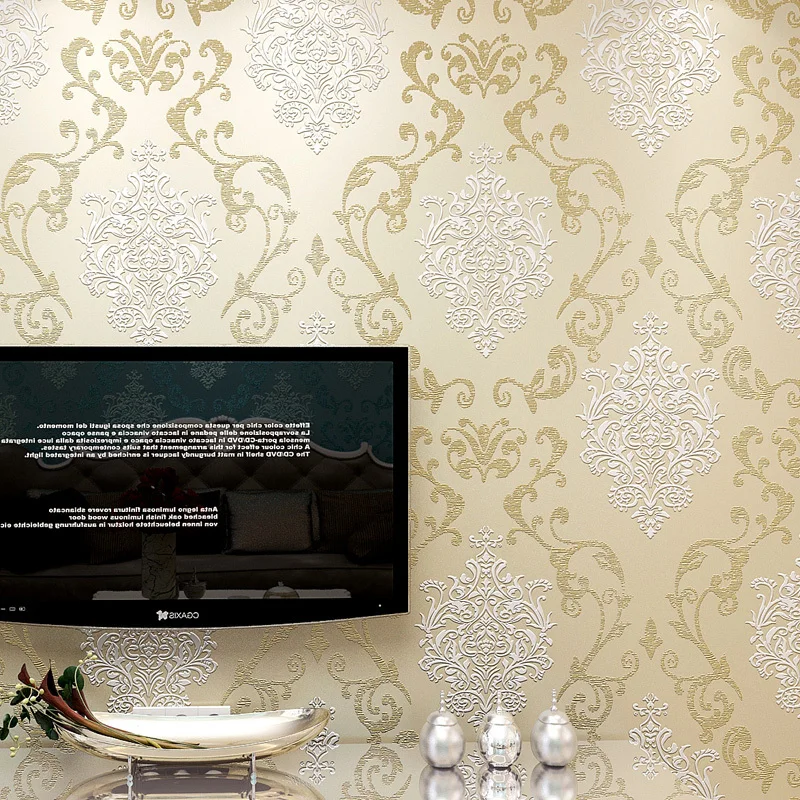 Роскошные европейские флок нетканые металлические цветочные Дамасские обои