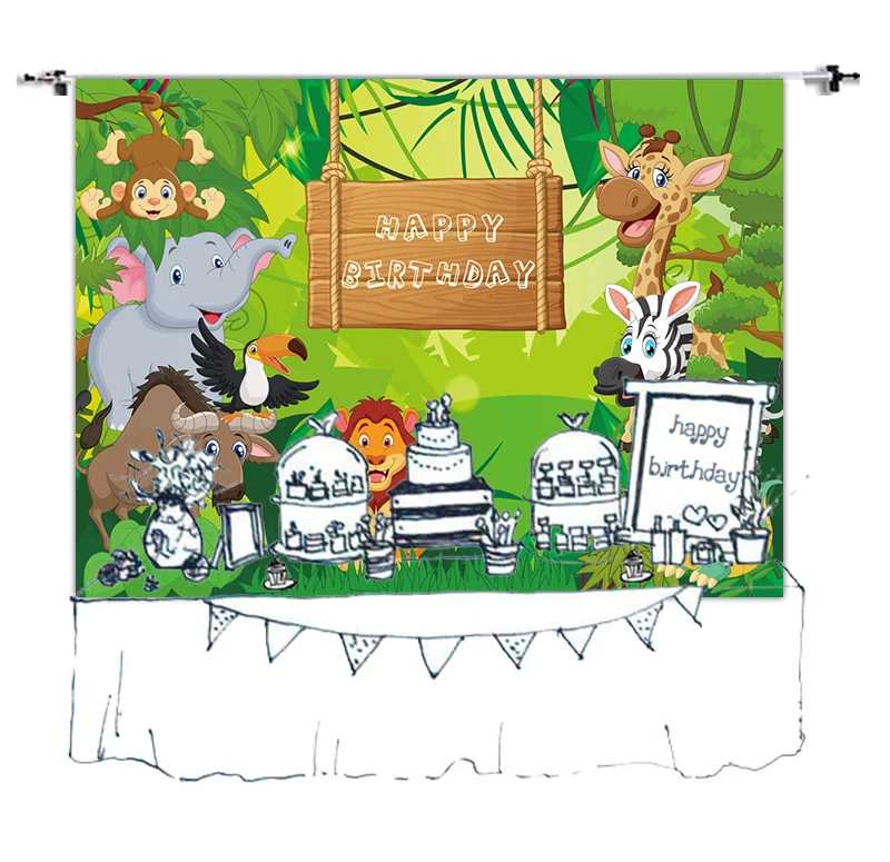 Jungle Safari Theme Animals Birthday Party Banner Newborn Photo Background Baby Kids Portrait Backdrop Dessert Table Decor w-656